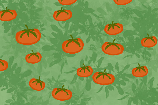 Seamless tomato pattern on a green leafy background, illustration