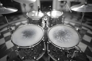 Obraz premium Monochrome Close-Up of Drum Set in Recording Studio - Music Concept for Posters and Print Design