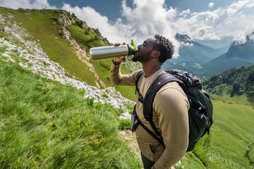 Active, healthy young black man with a beard and carrying a backpack, hiking in the mountains and staying hydrated by drinking water from a steel metal water bottle