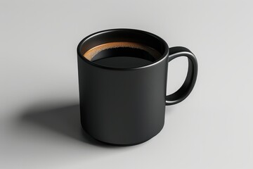 A black coffee mug with a dark brown liquid inside