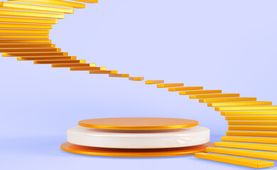 Gold round podium with spiral staircase on blue background 3d render. Luxury empty platform mockup for winner or product show. Award stage and circular stair with golden metal steps. 3D illustration