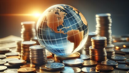 globe made of glass with a glowing sun behind it, standing on a pile of coins with other stacks of coins scattered around. The globe focuses on the Americas continent. dark background