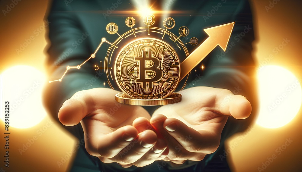 Poster man is holding a golden bitcoin in his hands. the bitcoin is surrounded by a glowing light and a gra