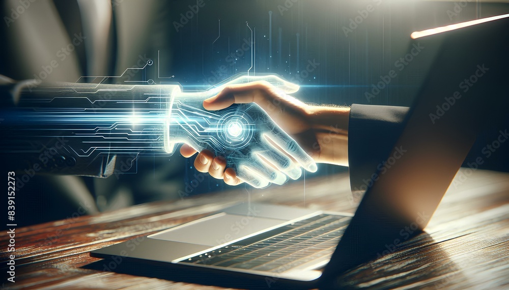 Poster human hand is shaking hands with a robotic hand emerging from a laptop screen. the robot's hand is m