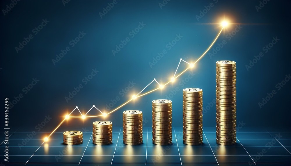 Poster stack of gold coins, with each stack increasing in height. a luminous white arrow pointing upwards a