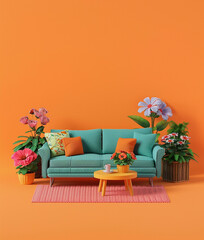 Miniature crocheted home furniture. Tilt-shift miniature of a living room. Diorama sofa and flowers
