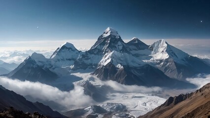 fantastic landscape of Himalayan peaks mountain with snow cap at the top and hills and valley for multimedia content creation
