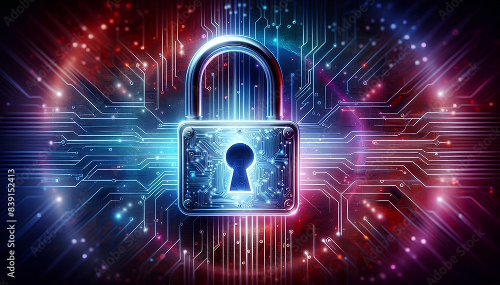 Poster a padlock with a keyhole is positioned on a digital circuit board background, surrounded by colorful