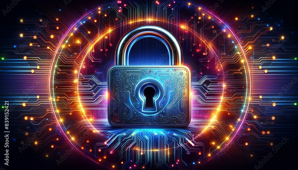 Poster a padlock with a keyhole is placed in the center of a glowing blue ring on a colorful circuit board,