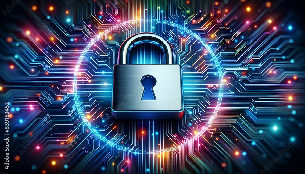 Poster padlock with a keyhole is positioned in the center of a circuit board, surrounded by a glowing blue 