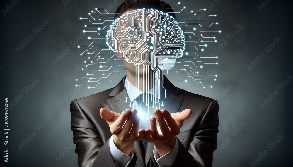 Poster businessman in a suit is holding his hands out in a protective gesture, with a digital image of a br