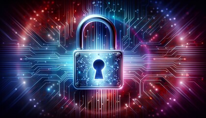 A padlock with a keyhole is positioned on a digital circuit board background, surrounded by colorful lights. The image represents the concept of data security and online protection in a technological 