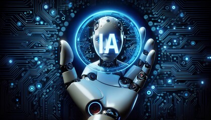 A robotic hand is holding a glowing sphere with the letters "IA" (representing artificial intelligence) in the center, signifying the future of technology. The scene implies the power of AI and its po