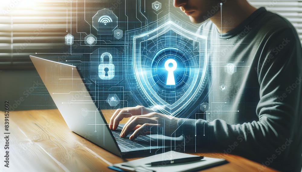 Poster man working on a laptop with a digital shield and padlock above it. the scene highlights the importa