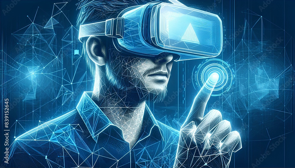 Poster man wearing a vr headset, his facial expression reflecting engagement and immersion in the virtual w