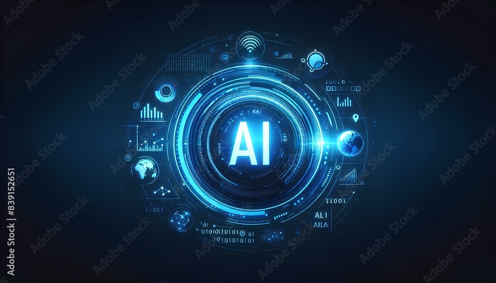 Poster glowing blue ai logo in the center of a circular ring, representing a technological hub. this circul