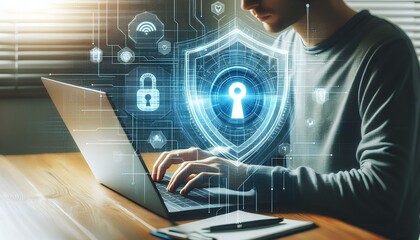 Naklejka premium man working on a laptop with a digital shield and padlock above it. The scene highlights the importance of online security and data protection in a personal setting.