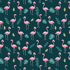 Tropical seamless pattern with flamingo and leaves. Vector hand drawn illustration.