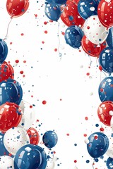 A bunch of red, white, and blue balloons are scattered across a white background
