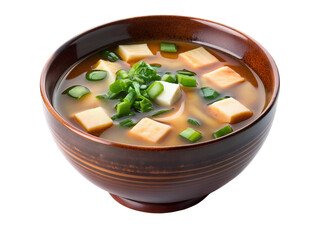 Japanese miso soup in a ceramic bowl isolated on white background