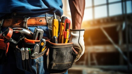 Close-up of a construction worker with a bag and tools kit worn on the waist. A maintenance worker with tools in a tools belt and artisan equipment.