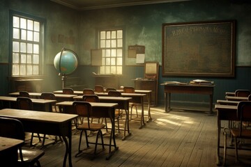 Antique-style classroom with wooden desks and a chalkboard, bathed in warm sunlight