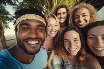 Generative AI picture of young tourists friends spending vacation together in beautiful carefree time