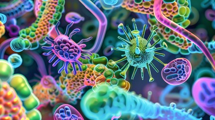 Otherworldly depictions of the role of gut microbiota in promoting overall health, abstract  , background