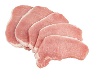 Raw pork pieces isolated on a white background. Top view.