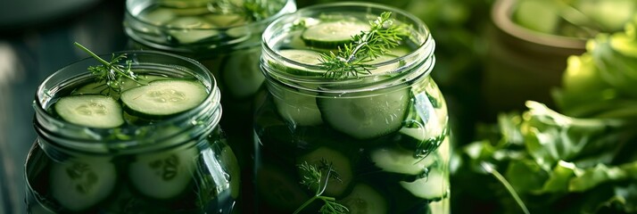 Canned pickled cucumbers in jars closeup, homemade pickles, canning food, canning