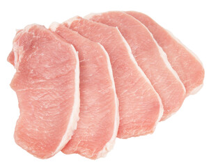 Raw pork pieces isolated on a white background. Top view.
