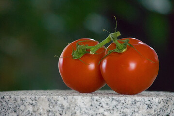 Two ripe red tomatoes with stems against a dark background.