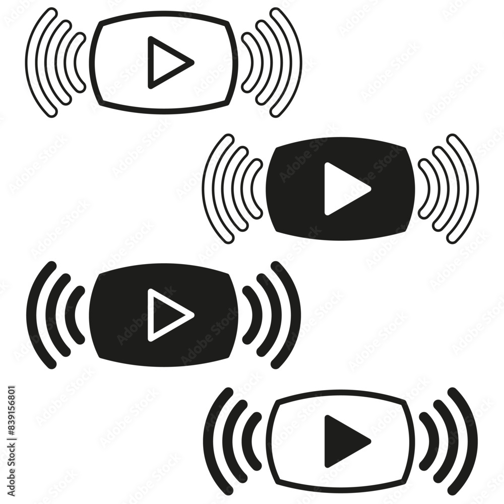 Poster a set of black and white play button icons with sound waves. the design includes both filled and out