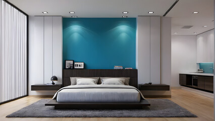 Fototapeta premium Modern bedroom design, modern furniture, double beds and french window, high-end apartments or hotels, high-end furniture