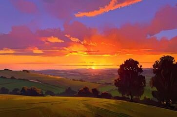 Obraz premium Abstract painting of sunset hill landscape