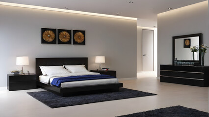 Modern bedroom design, modern furniture, double beds and french window, high-end apartments or hotels, high-end furniture