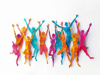A group of people are jumping in the air, with some of them wearing pink