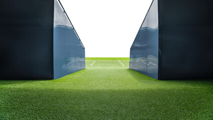 textured soccer game field with entrance to stadium. 3D Illustration. Free copy space.