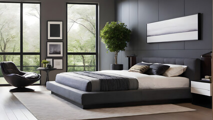Modern bedroom design, modern furniture, double beds and french window, high-end apartments or hotels, high-end furniture