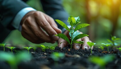 Eco-friendly business, a businessman in a business suit plants a plant in the ground