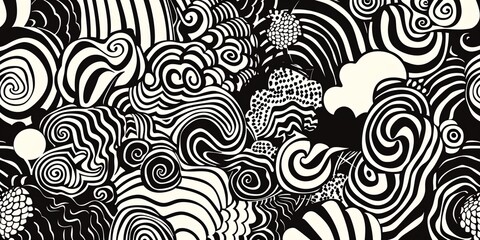 black and white abstract pattern with swirls and bubbles