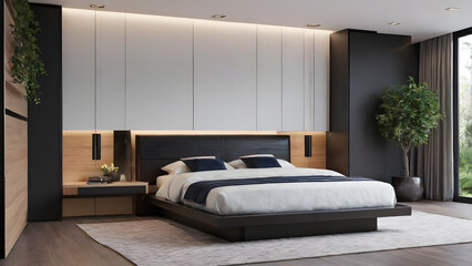 Modern bedroom design, modern furniture, double beds and french window, high-end apartments or hotels, high-end furniture