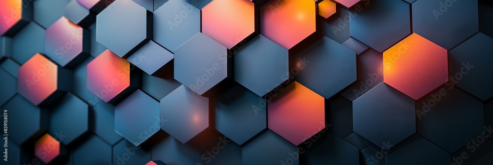 Poster wall of hexagonal shapes with a red light in the center of them
