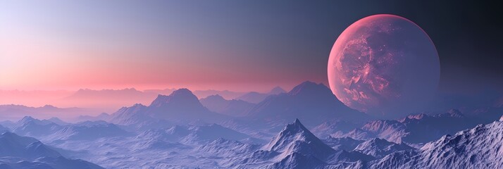 distant planet in the sky with mountains in the foreground