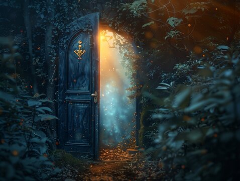 painting of a doorway in a forest with a light coming through it