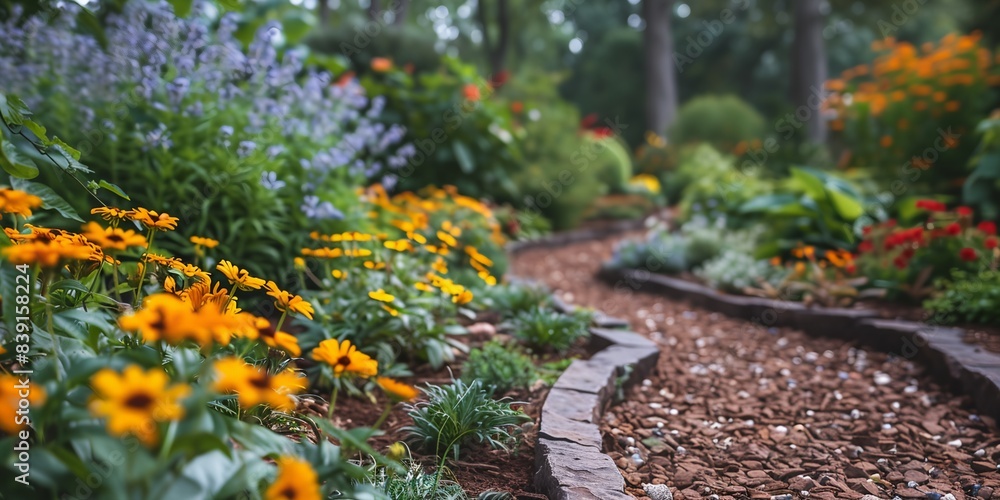 Poster garden with flowers and a path in the middle of it with rocks and gravel on the side