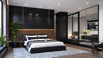 Modern bedroom design, modern furniture, double beds and french window, high-end apartments or hotels, high-end furniture