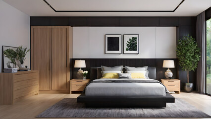 Modern bedroom design, modern furniture, double beds and french window, high-end apartments or hotels, high-end furniture