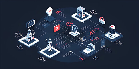Isometric AI and ML concept illustration with security icons, robots, smart devices, and avatars in blue on a dark backdrop