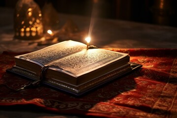 Open vintage book illuminated by the warm light of a nearby candle on a draped table